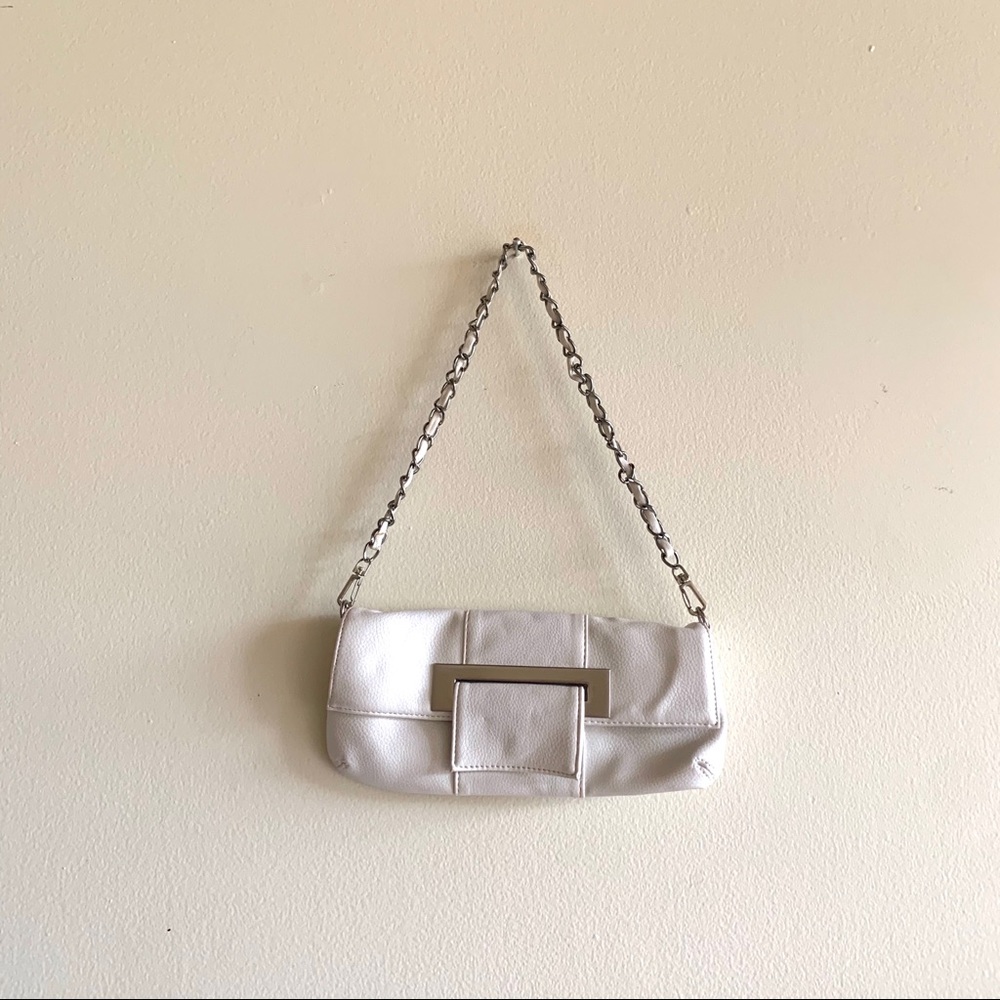 LOVER Cream genuine leather purse Silver chain strap Small shoulder bag Offwhite